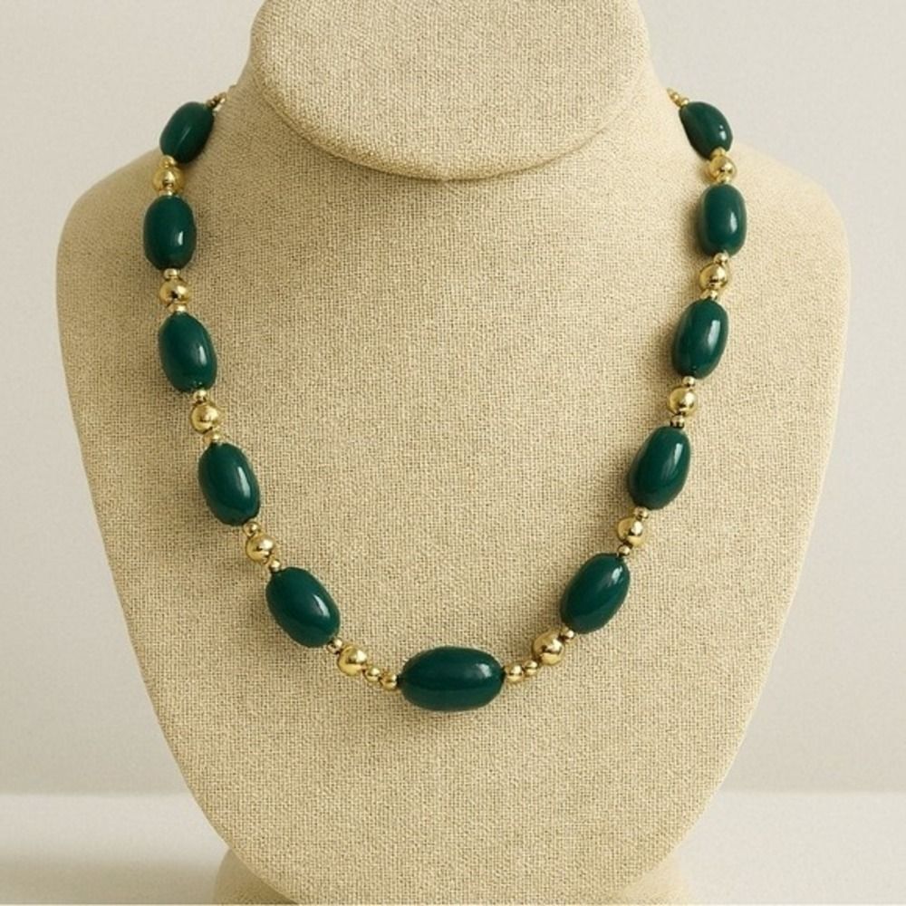 Vintage 90's‎ Womens Green Silver Tone Beaded Choker Necklace Y2K Preppy Money